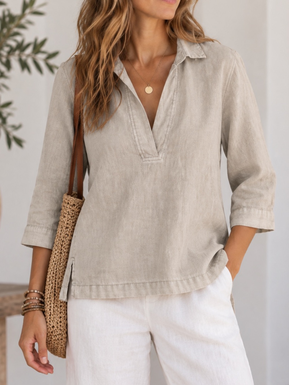 Tahari Relaxed V-Neck Linen Tunic Top